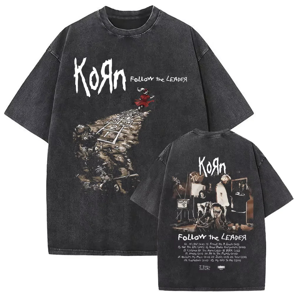 New Washed Vintage Alternative Nu Metal Rock Band Korn Print Tshirt Men Oversized T-shirts Male Fashion T Shirts Y2k Streetwear