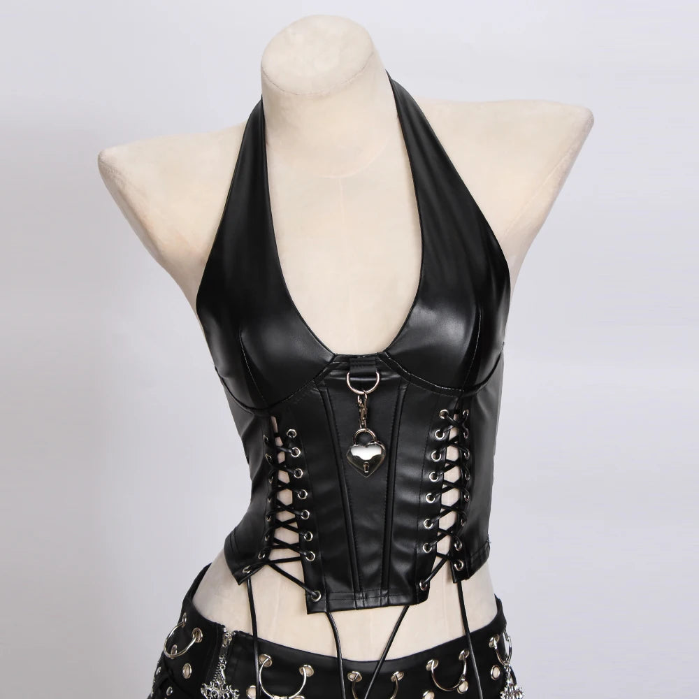 Goth Tops Festival Grunge Rave Punk Rock Clothes PU Leather Black Gothic Tank Spikes Y2K T-shirt Summer Emo Clothing Vkei