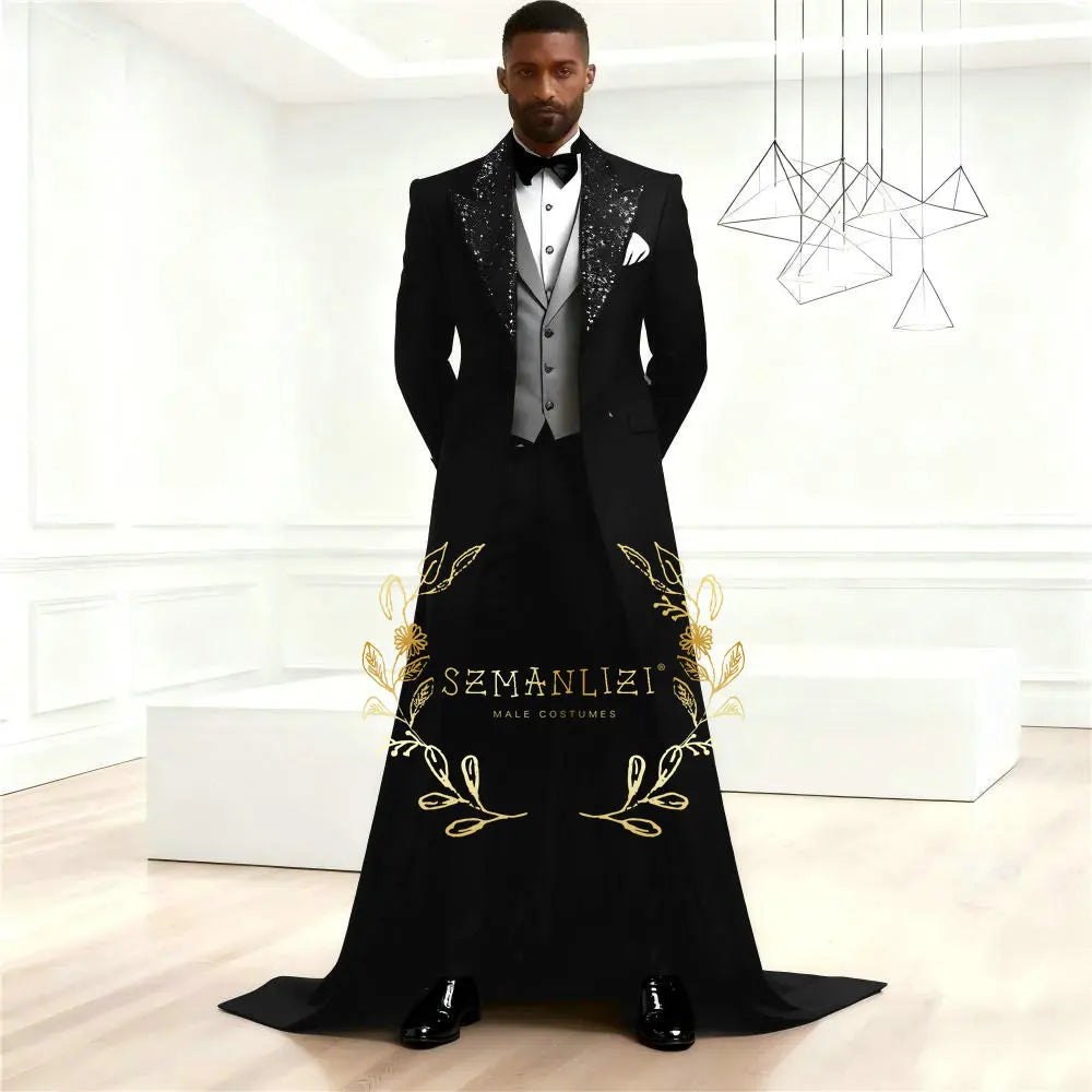Elegant Men Suit Sets Fashion Black Long Jacket Sequin Lapel Outfits Wedding Evening Dinner Male Blazer Vest Pants 3 Pieces