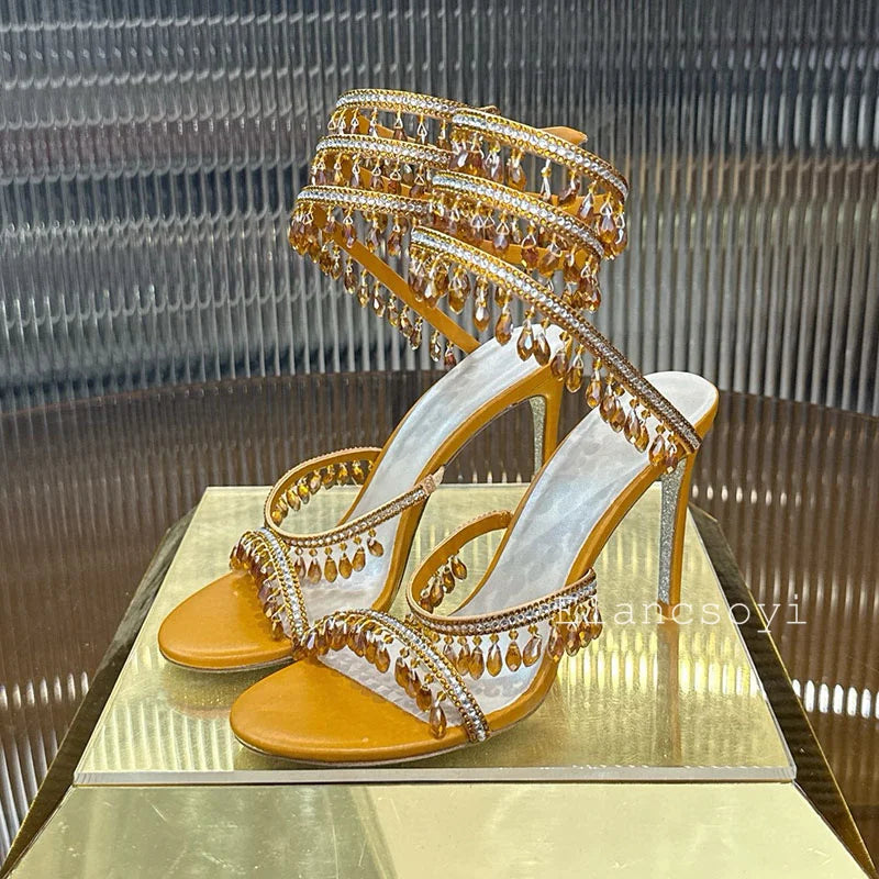 High Heels Sandals Women Shiny Crystal Pendant Ankle Snake Twine Around Prom Shoes Summer Fashion Stiletto Bohemian Sandalias