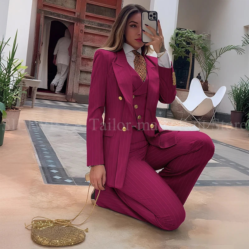 Luxury Green Striped Women Suit Double Breasted 3 Piece Jacket Vest Pants Female Clothing Slim Fit Formal Office Lady Blazer Set