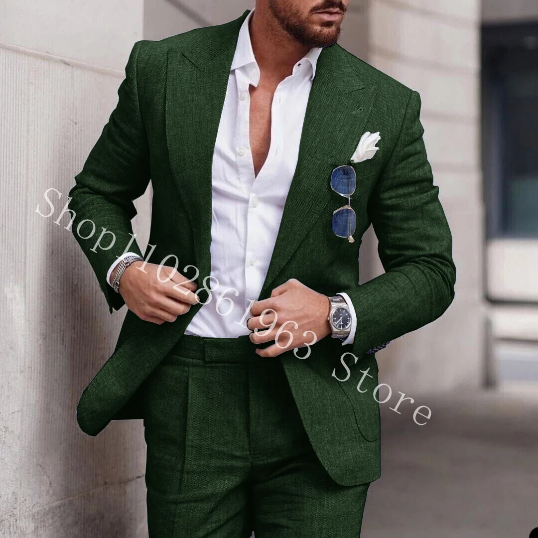2023 White Linen Suits For Men Slim Fit Peak Lapel 2 Pieces Best Men Groom Wear Wedding Tuxedos Blazer+Pants Trajes De Hombre