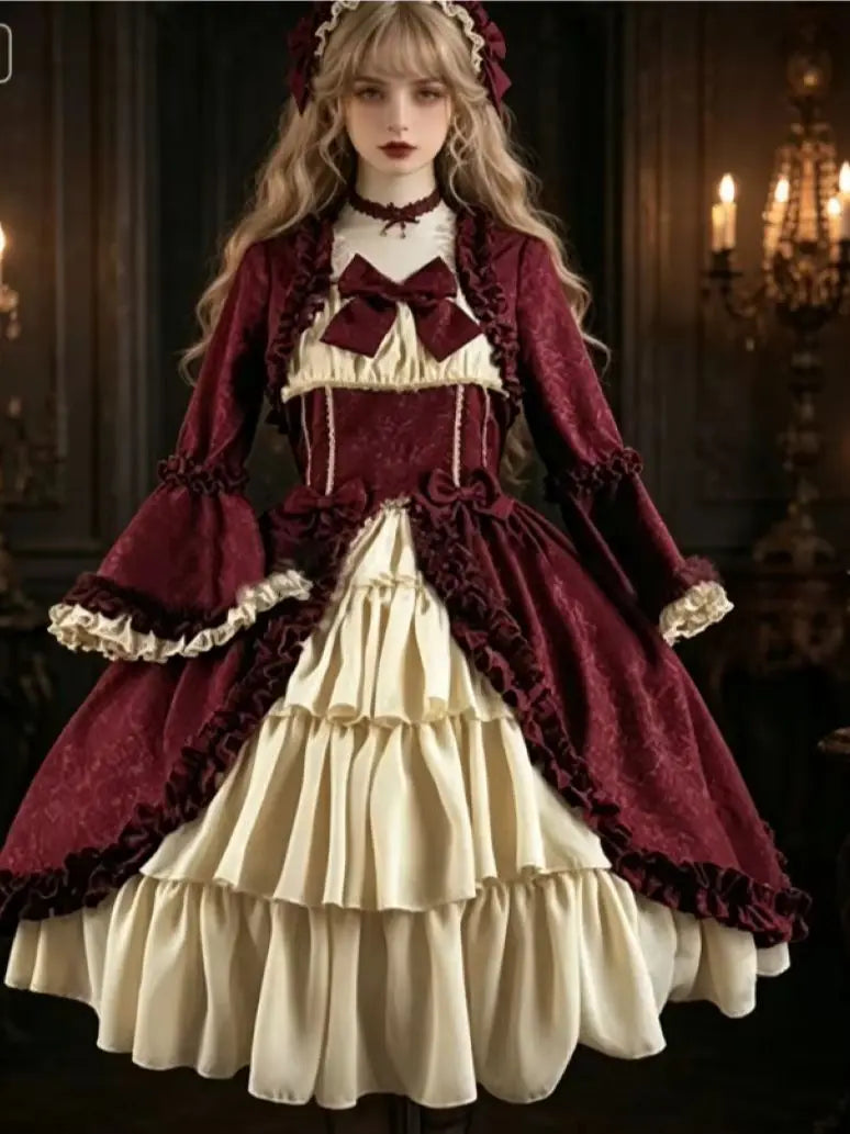 European and American medieval retro Gothic court style French soft girl dress with square collar, waist cinching and patchwork