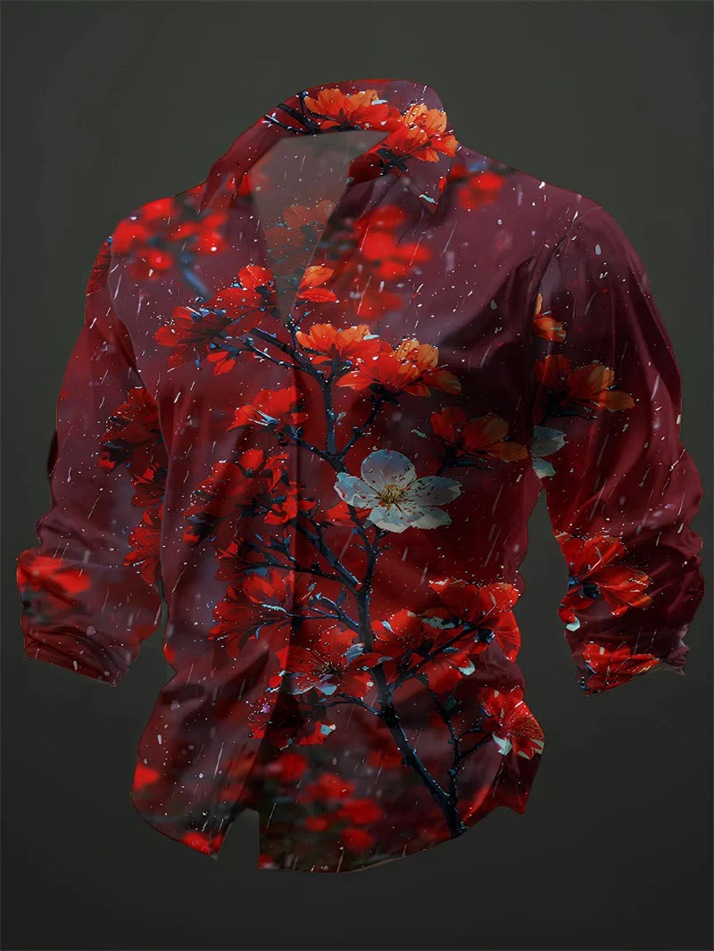 New Men's White Rose Pattern 3D Printed Shirt, High-Quality Casual and Fashionable Long Sleeved Shirt, Lapel Top