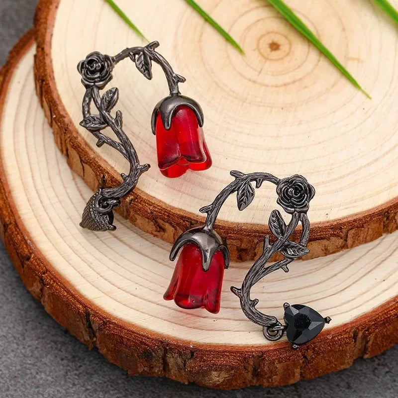 Gothic Red Rose & Thorn Drop Earrings