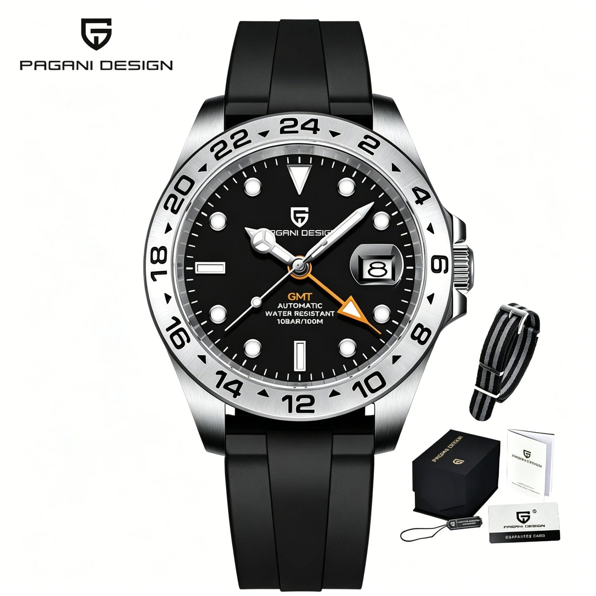 PAGANI DESIGN Automatic GMT Watch DG5833GMT Movement Rubber Strap 100M Waterproof Luminous Men Sports Mechanical Wristwatch