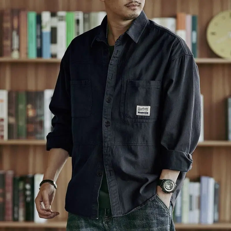 Retro Loose Workwear Jacket Spring and Autumn New Men's Pure Cotton Long Sleeve Casual Shirt American Trendy Shirt
