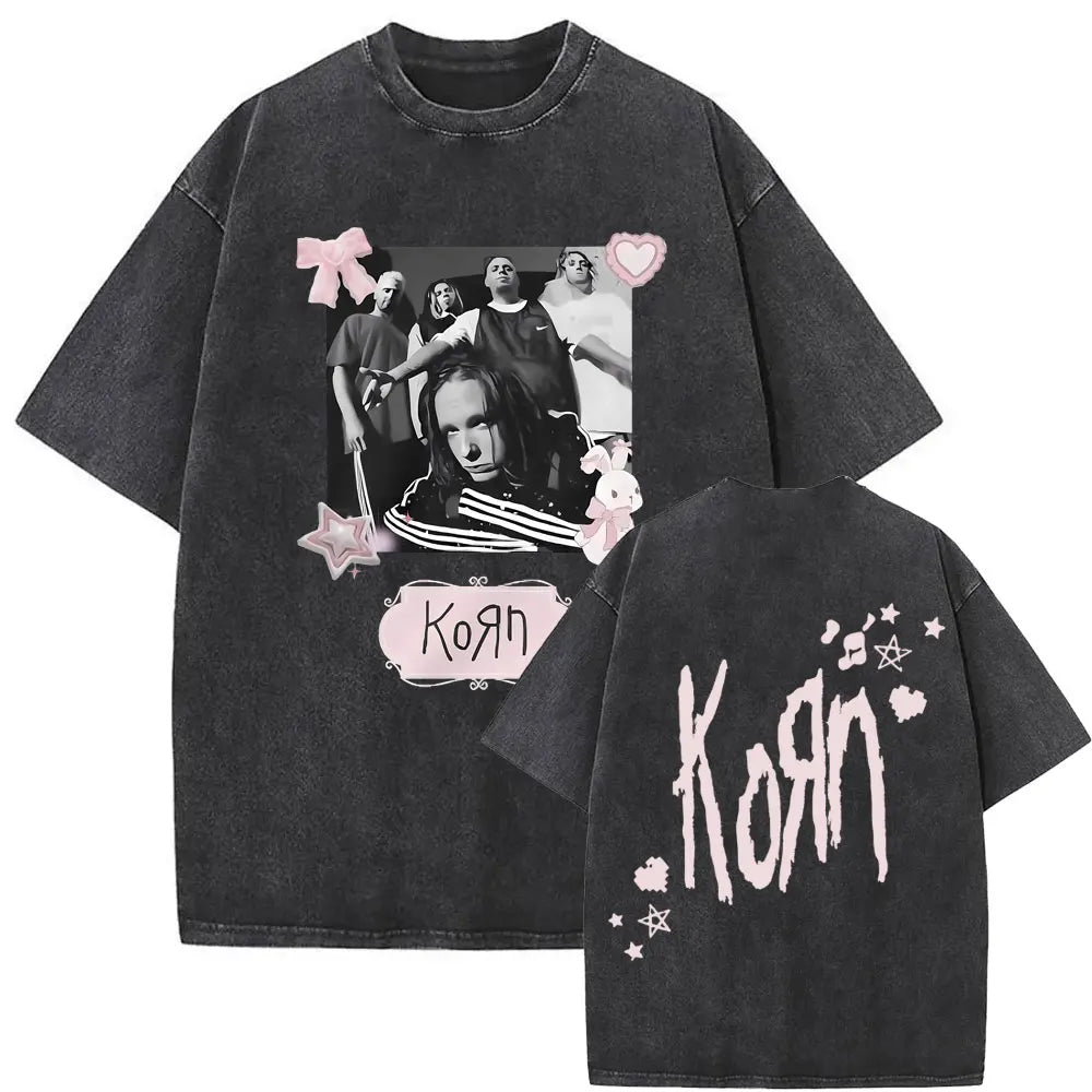New Washed Vintage Alternative Nu Metal Rock Band Korn Print Tshirt Men Oversized T-shirts Male Fashion T Shirts Y2k Streetwear