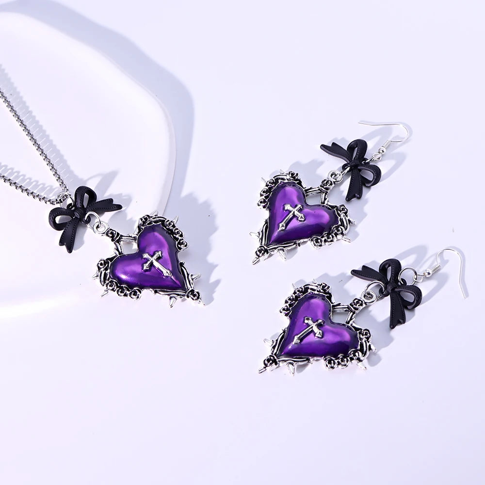 Gothic Cross Heart Necklace For Women Fashion Pagan Witchcraft Jewelry Accessories Gift Bow Bramble Rose Heart Pendant Choker
