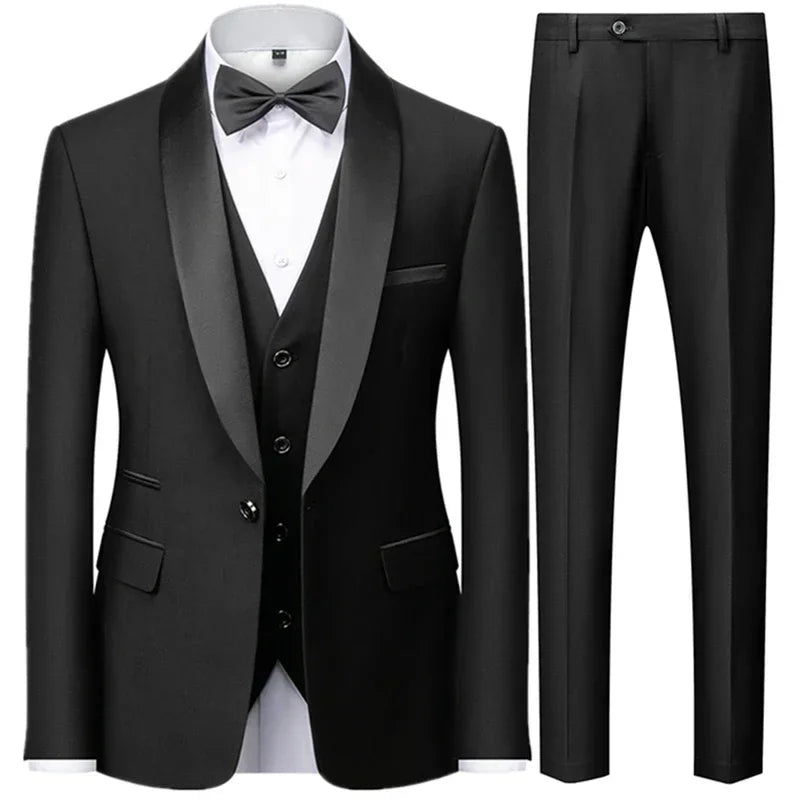 Black Men Autumn Wedding Party Three Pieces Set Large Size Male Blazer Coat Pants and Vest Fashion Slim Fit Suit