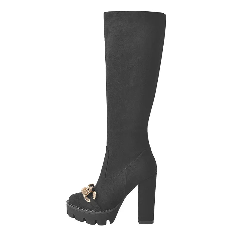 Onlymaker High Heel Boots Knee High Shoes Platform Metal Chain Matte Black Side Zipper Long Boots Big Size