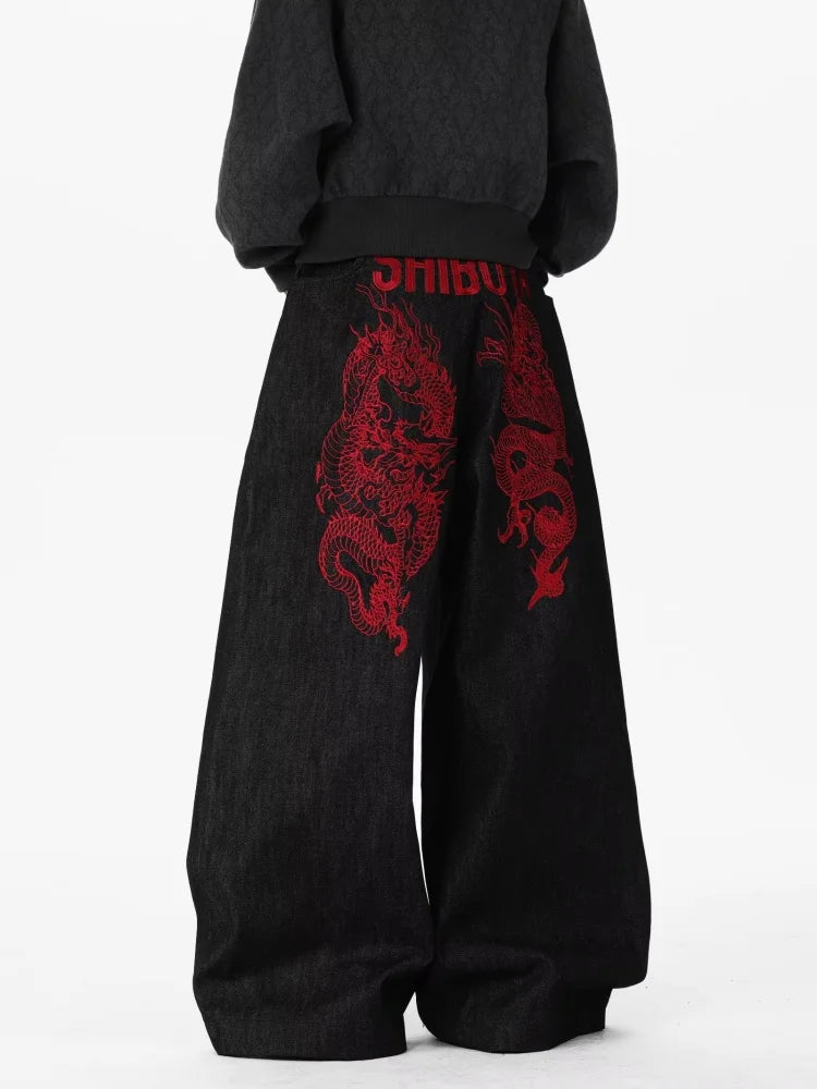 2026 American Retro Y2K Style Red Dragon Embroidery Baggy Jeans Pants For Men Clothing Straight Denim Trousers Pantalon Hombre