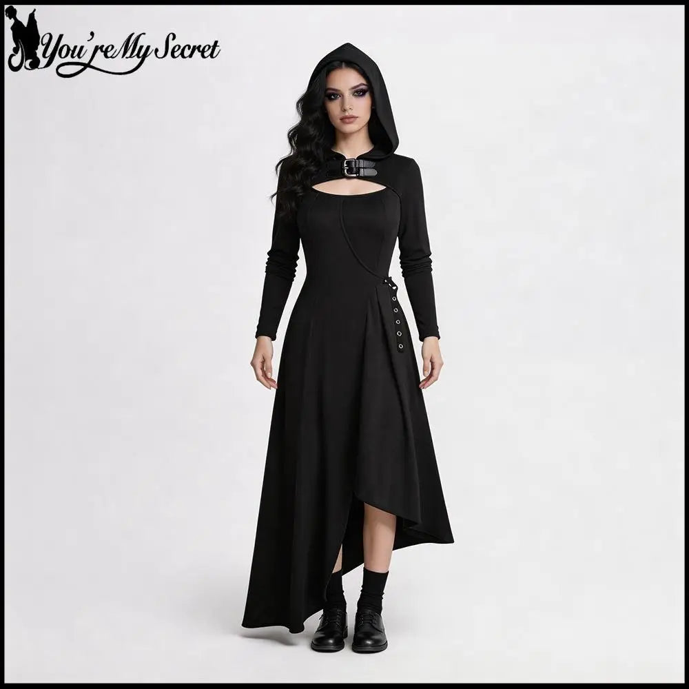 Gothic Hoode Long Dress Women Witch Corset Asymmetrical Hem Dress Punk Style Leather collar Gown Halloween Qeen Stage Costumes