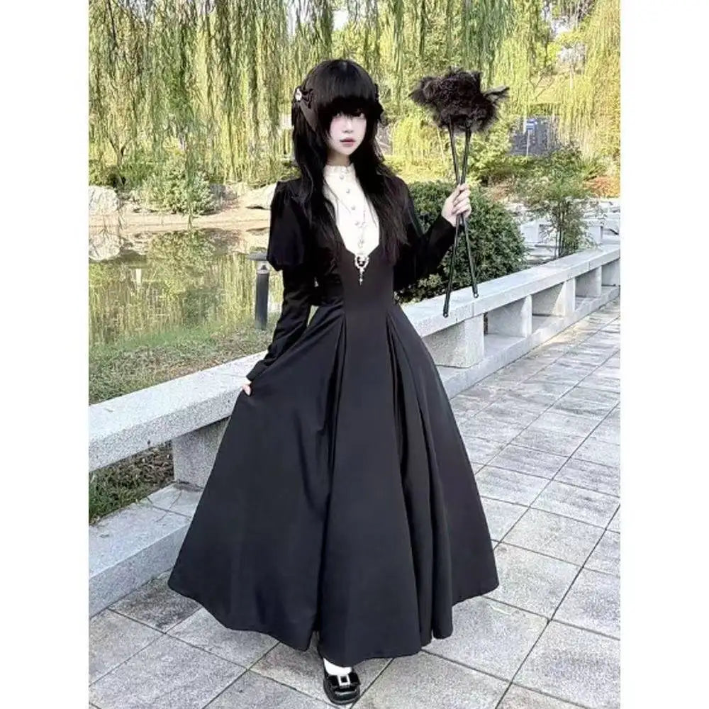 Gothic Vintage Midi Dress Women Party Kawaii Lolita Bow Dresses New Harajuku Lace Patchwork dress Vestidos