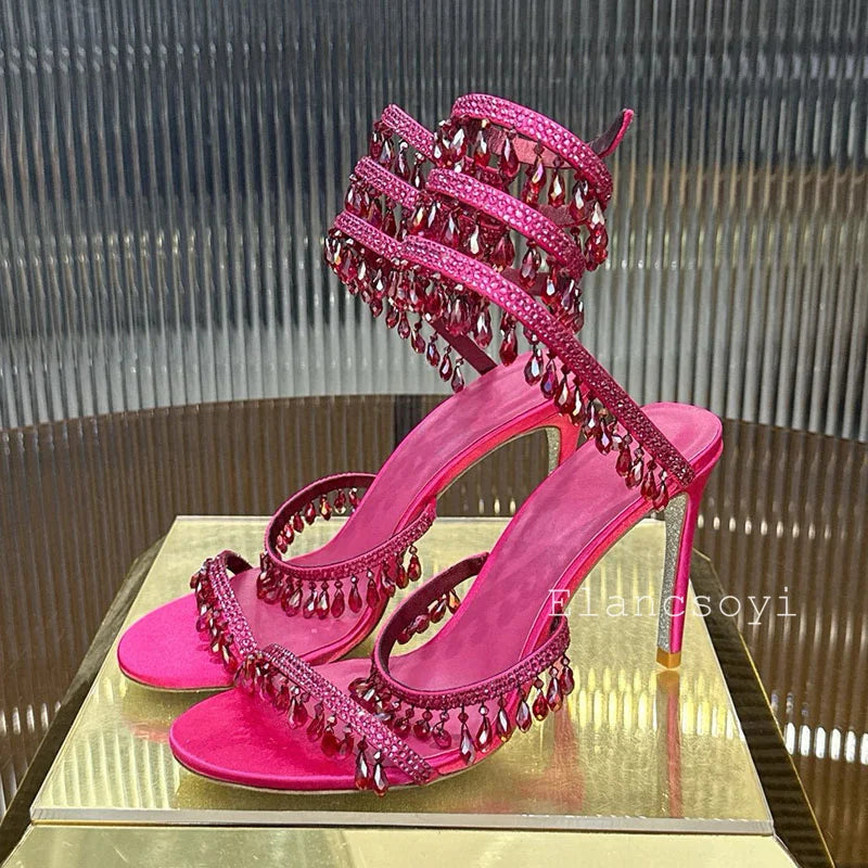 High Heels Sandals Women Shiny Crystal Pendant Ankle Snake Twine Around Prom Shoes Summer Fashion Stiletto Bohemian Sandalias