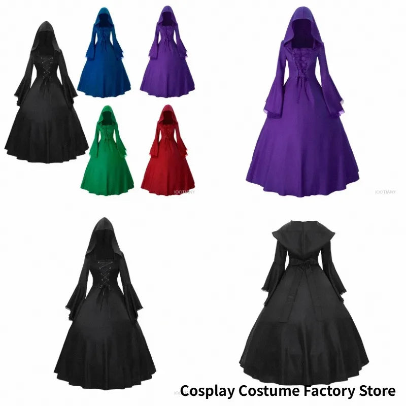 Gothic Medieval Dress Retro Fashion Big Swing Long Sleeve Tie Waist Hooded Dress Lace Trumpet Sleeve Dress Halloween Costume