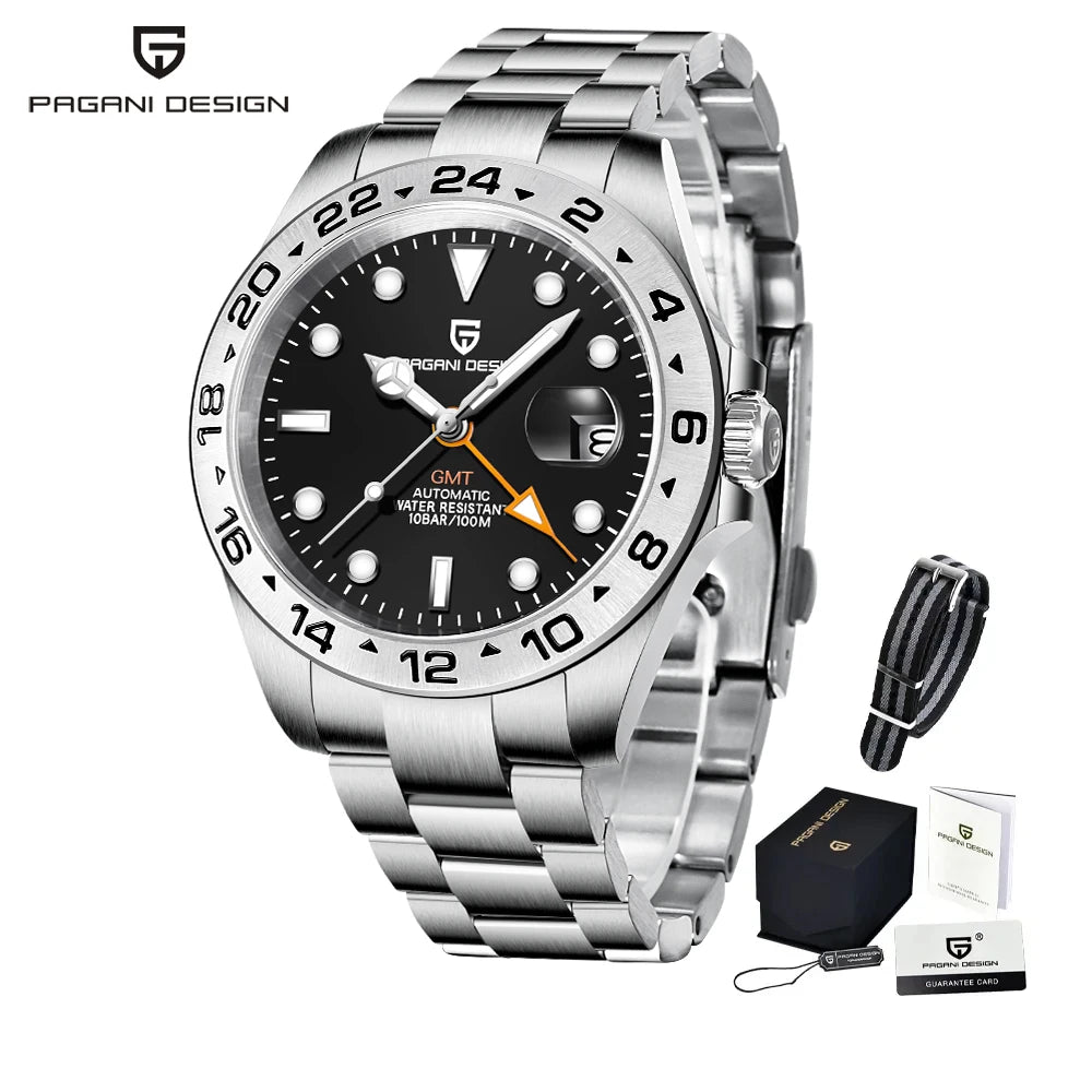 PAGANI DESIGN Automatic GMT Watch DG5833GMT Movement Rubber Strap 100M Waterproof Luminous Men Sports Mechanical Wristwatch