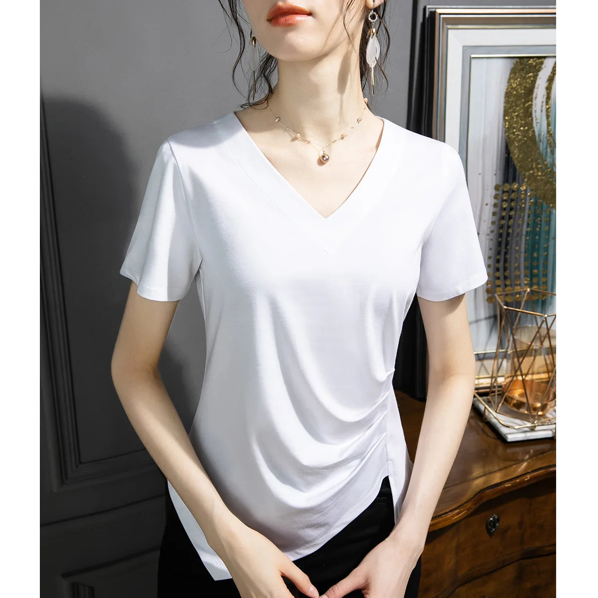 Y2k T Shirt Women 2024 Summer Clothes Top Women Stylish White Woman Blouse Plus Size V-neck Cotton T-shirt S-3xl 4xl