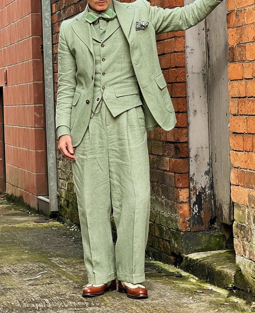 Beige Linen  Men Suits 3 Pieces Men Suits Lightweight Blazer Vest Pants Set Casual Summer Wedding Outfit