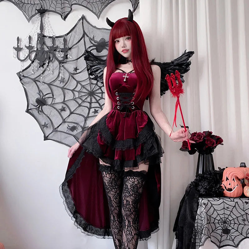 Gothic Witch Costume Y2K Aesthetic Victorian Vampire Bride Dress for Women Vintage Long Tail Cosplay Costume Halloween Party