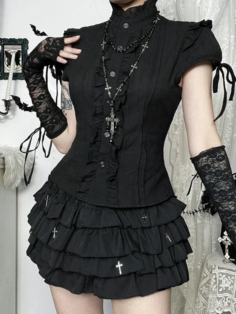 2025 New Vintage Gothic Shirt Women Aesthetic Fairycore Y2K Grunge Dark Edible Tree Fungus Patchwork Short Sleeve Blouse Female