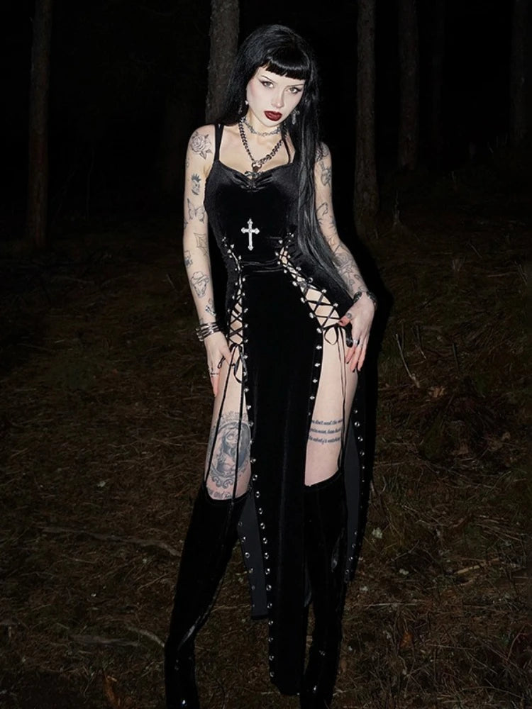 AltGoth Gothic Dark Velvet Dress Women Sexy Streetwear Y2k E-girl Harajuku Grunge High Waist Split Lace-up Party Dress Female