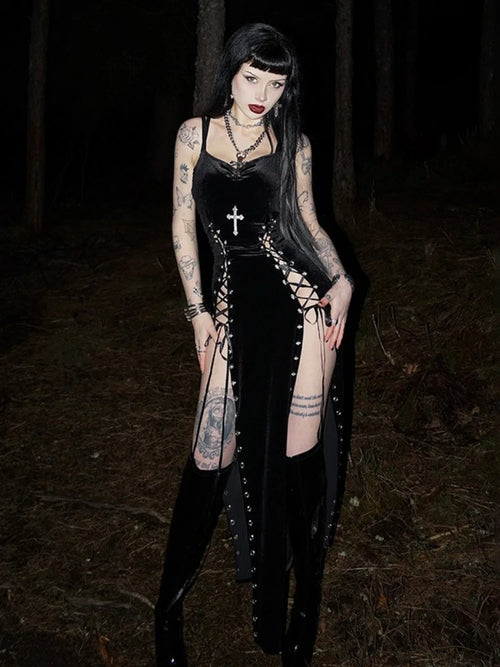 AltGoth Gothic Dark Velvet Dress Women Sexy Streetwear Y2k E-girl Harajuku Grunge High Waist Split Lace-up Party Dress Female