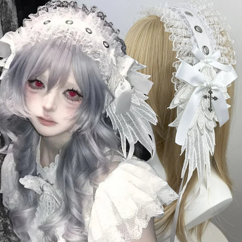 Gothic Lolita Angel Wings Headband Wide Ruffle Lace Cosplay Headwear New White Black Lace Flounce Fold Bowknot Hair Accessories