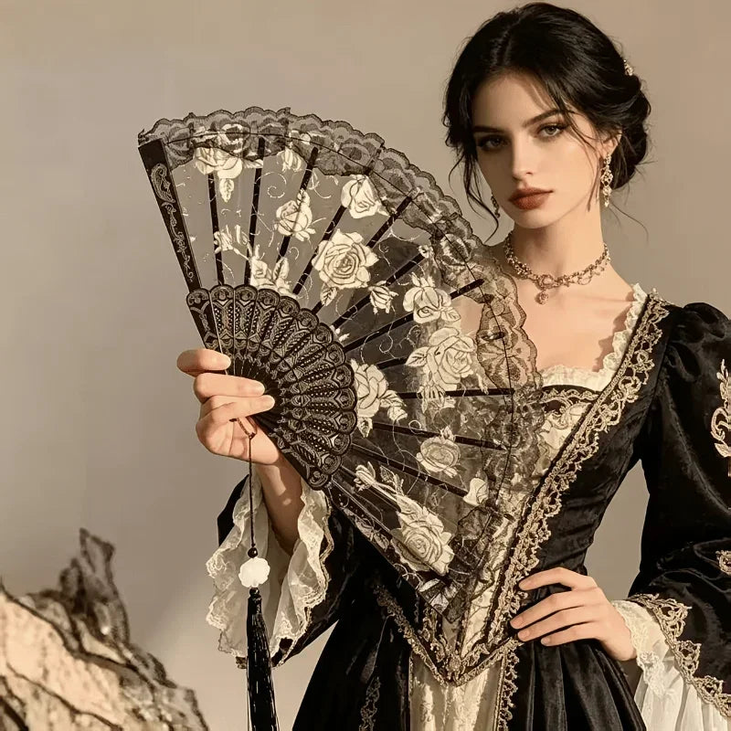 Gothic Rose Lace Folding Hand Fan Vintage Floral Foldable Fan with Tassel Retro Lolita Handheld Fan Wedding Party Cosplay