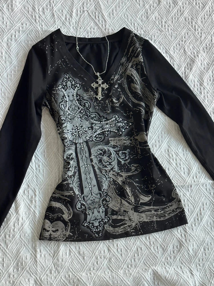 Y2K Gothic black printed T-shirt female American retro spring new V-neck long sleeve waist slim top