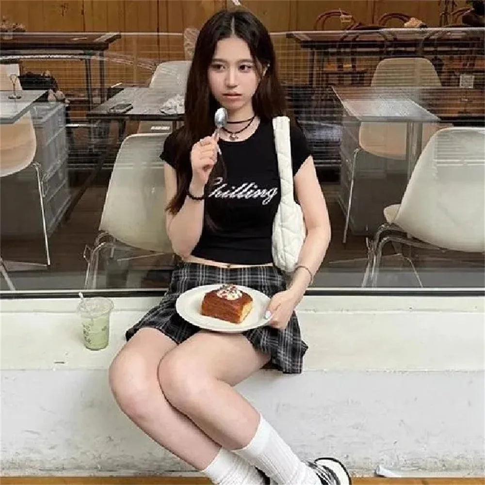 Y2k Women Mini Pleated Skirts Gothic Punk Mid Waist Stripe Print Lace Ruffle Harajuku School Zip Up Short Skirt Y2K Mini Skirts