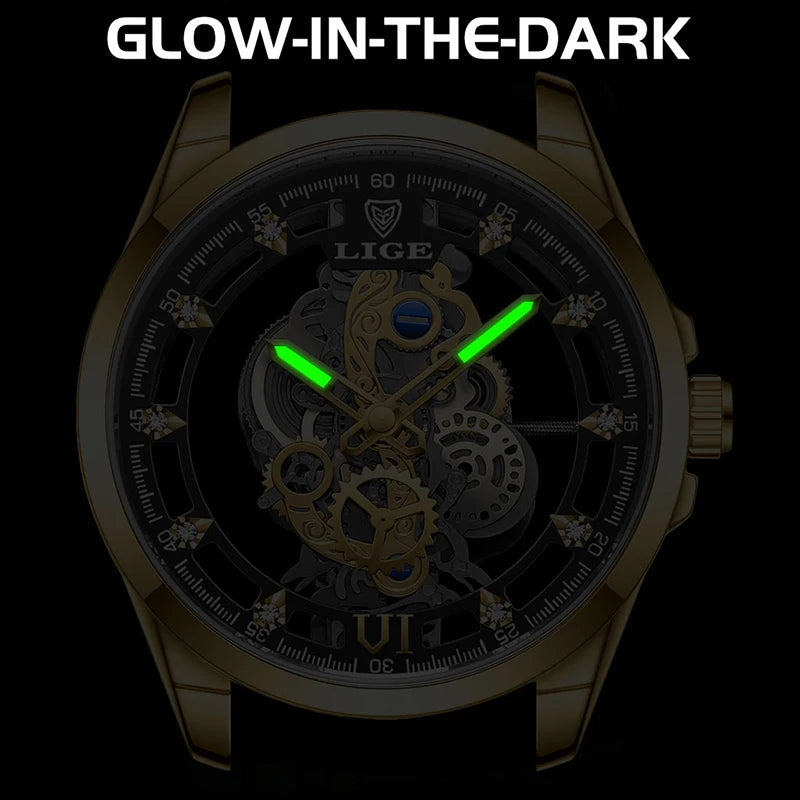 2026 LIGE Men Watch Skeleton Automatic Quartz Watch Gold Skeleton Vintage Man Watch Mens Watches Top Brand Luxury часы мужские