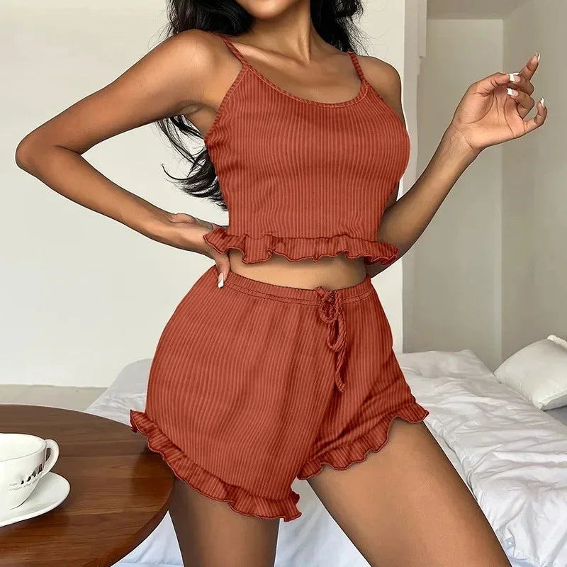 Summer Women's Pajamas Set 2 Suspenders Pajamas Homewear Soft Pajamas Solid Color Sexy Shorts Women's Ventilate Casual Sleepwear