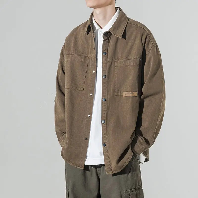 Retro Loose Workwear Jacket Spring and Autumn New Men's Pure Cotton Long Sleeve Casual Shirt American Trendy Shirt