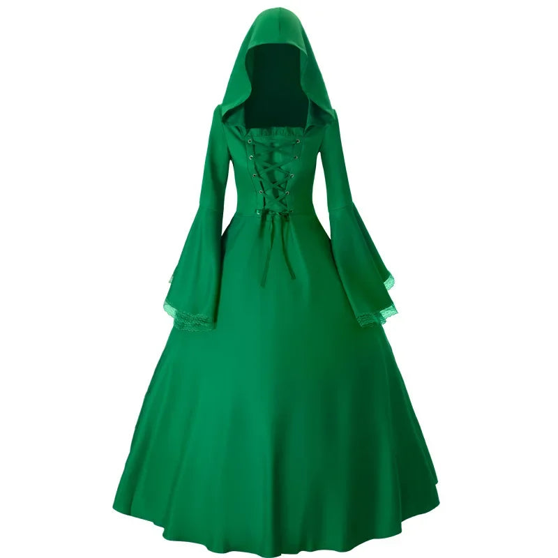 Gothic Medieval Dress Retro Fashion Big Swing Long Sleeve Tie Waist Hooded Dress Lace Trumpet Sleeve Dress Halloween Costume