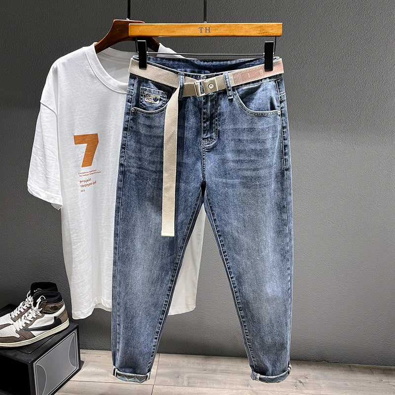 2025 Autumn Men's Stretch Jeans Fashion Tapered Slim Small Feet Ankle Harem Pants Casual Denim Trousers Streetwear Free Belt