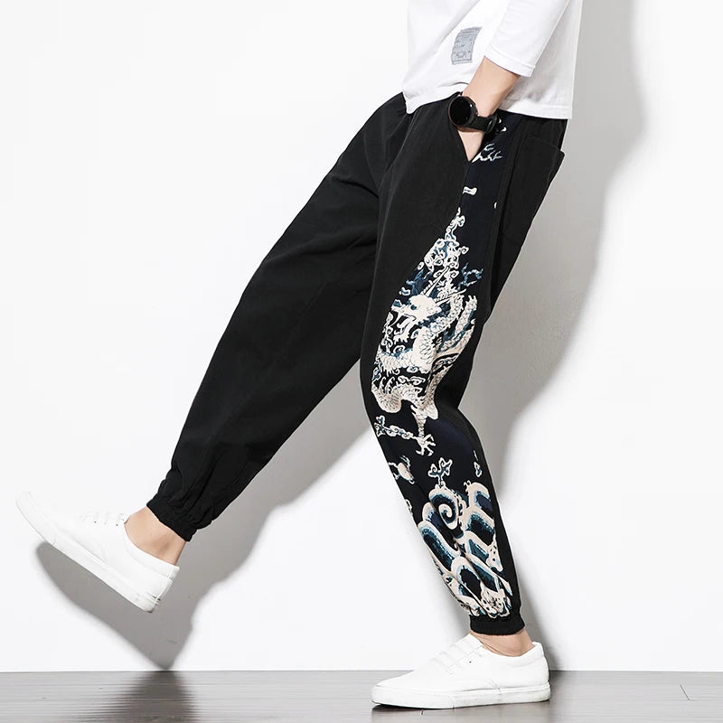 Chinese Style Loose Men's Cotton Linen Pants Male Spring New Breathable Dragon Print Linen Trousers Fitness Streetwear Plus Size