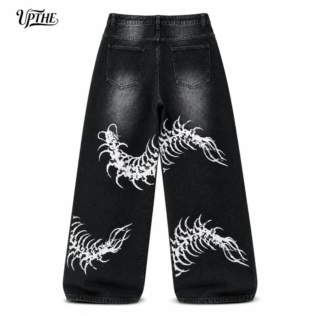 UP.THE Men Black Faded Baggy Wide Leg Jeans, Y2K Oversized Loose White Centipede Skeleton Print Denim Pants, Gothic Grunge Streetwear Trousers for Daily Outfits
