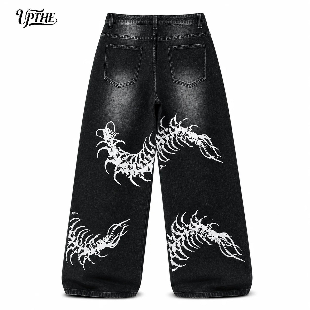 UP.THE Men Black Faded Baggy Wide Leg Jeans, Y2K Oversized Loose White Centipede Skeleton Print Denim Pants, Gothic Grunge Streetwear Trousers for Daily Outfits