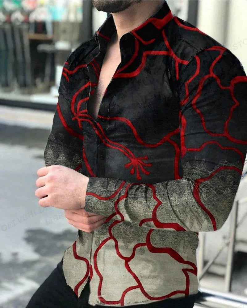 Fashion Multi-color novelty pattern 3D Print Mens Long Sleeve Shirt Tops Autumn Button Down Casual Shirt Lapel Mens Clothing