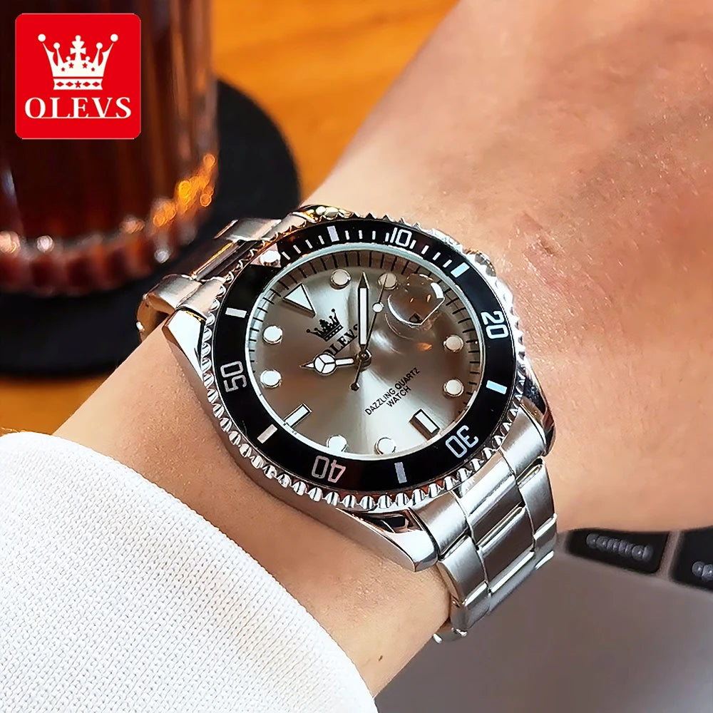 OLEVS Men's Watches Classic Luxury Fine Steel Strap Big Date Original Quartz Wristwatch for Man Waterproof Luminous Trend Dress