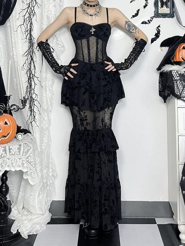 AltGoth Fairycore Grunge Gothic Midi Dress Women Streetwear  Sexy Aesthetic Spaghetti Strap Flocking See Through Corset Dresses