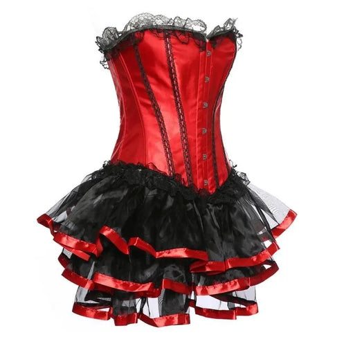 39BD Victorian Corset Dress Women Gothic Lace Trim Overbust Bustier with Mini Tutu Skirt and Panty Lace-Up Burlesque Gowns