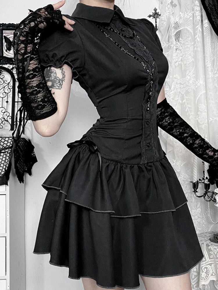 AltGoth Gothic Dark Vintage Dress Women Aesthetic Streetwear Harajuku Grunge Lace Patchwork High Waist Bow Party Dress Female