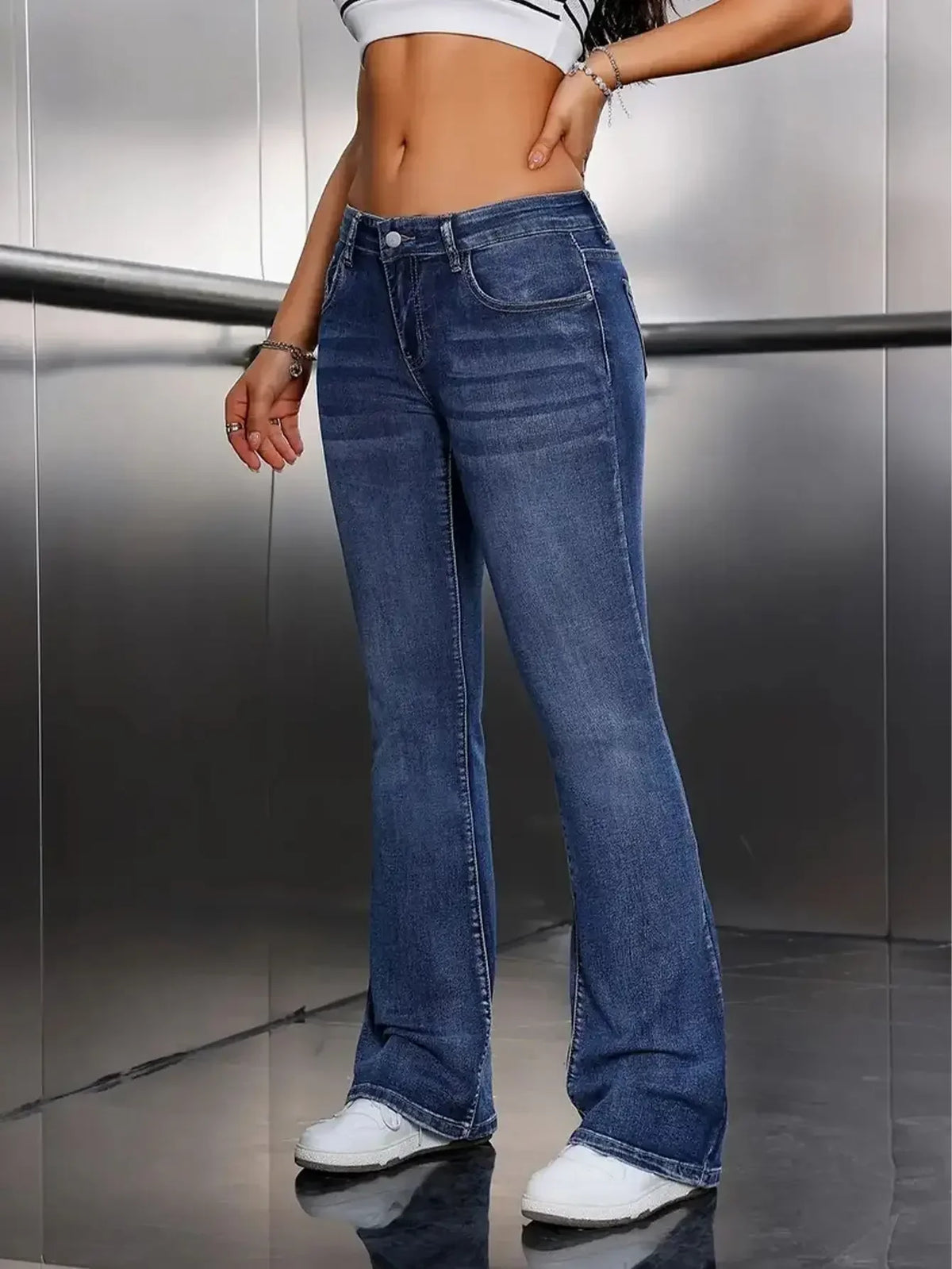Y2k Jeans For Woman Blue Stretch Flare Denim Pants Vintage Retro Fashion Minimalist Elastic Waist Comfort Fit Trendy