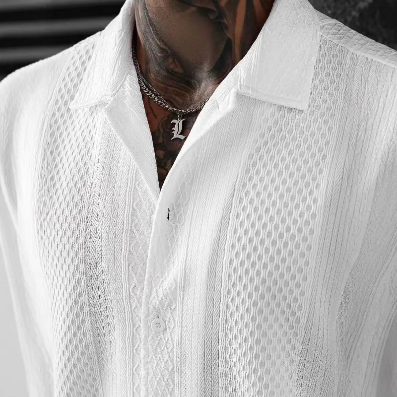 Men's White Hollow Knit Short Sleeve Shirt Summer Breathable French Loose Fit Casual Streetwear Top Lightweight