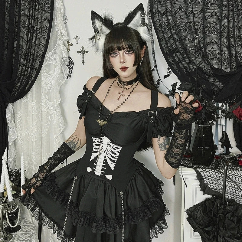 Goth Dark E-girl Kawaii Lace Stitch Pleated Dresses Party Mall Gothic Streetwear Cyber Y2K Plaid Corn Straps Backless Mini Dress
