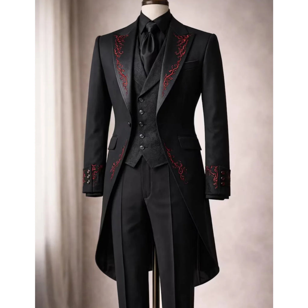 Black Tailcoat Tuxedo 3-Piece Suit with Red Embroidery Gothic Victorian Style Formal Wedding Prom Party Groom Outfit Customized