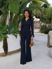 Black Business Suit For Women Commute Office Chic Hide Button High Waist Flared Pants Slim Fit Trim Autumn New Elegant Lady Sets