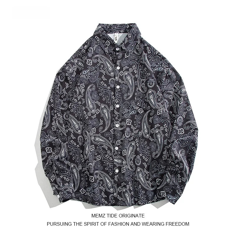 Memz High Street Long Sleeve Loose Fit Men's Shirt Hong Kong Style Square Collar Versatile Fashionable Printed Texture Design
